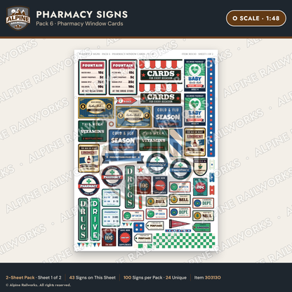 Alpine Railworks 30313O O Scale Pharmacy Signs - Pharmacy Window Cards