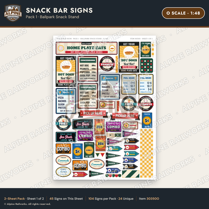 Alpine Railworks 30350O O Scale Snack Bar Signs - Ballpark Snack Stand