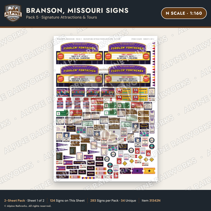 Alpine Railworks 31342N N Scale Branson MO Signs - Attractions & Tours