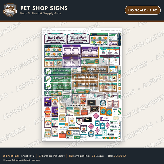 Alpine Railworks 30666HO HO Scale Pet Shop Signs - Feed & Supply Aisle