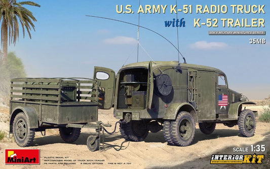 Miniart Models 35418 1/35 WWII US Army K51 Radio Truck w/K52 Trailer & Full Inte