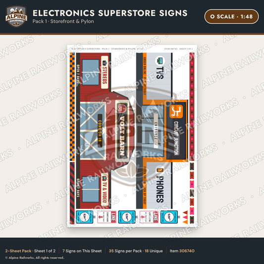 Alpine Railworks 30674O O Scale Electronics Superstore Signs
