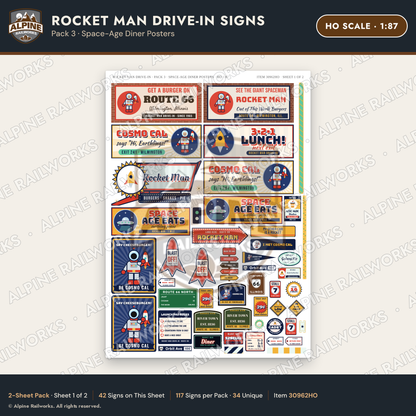 Alpine Railworks 30962HO HO Scale Roadside Signs - Spaceman Drive-In
