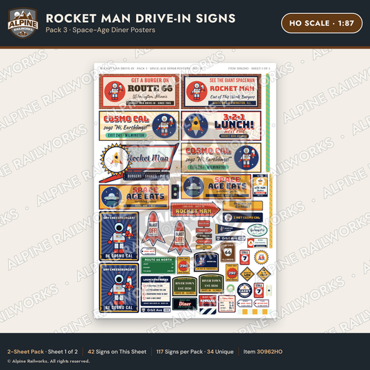 Alpine Railworks 30962HO HO Scale Roadside Signs - Spaceman Drive-In