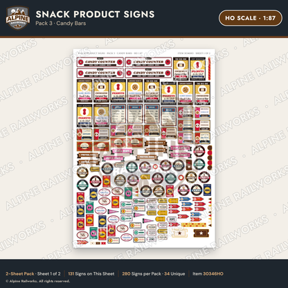 Alpine Railworks 30346HO HO Scale Snack Product Signs - Candy Bars