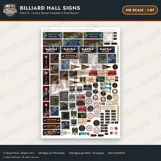 Alpine Railworks 30102HO HO Scale Billiard Hall Signs