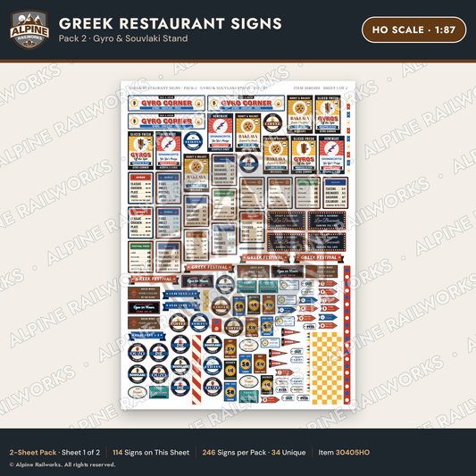 Alpine Railworks 30405HO HO Scale Greek Restaurant Signs - Gyro