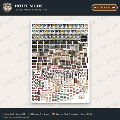 Alpine Railworks 30123N N Scale Hotel Signs - Art Deco Skyline Hotel
