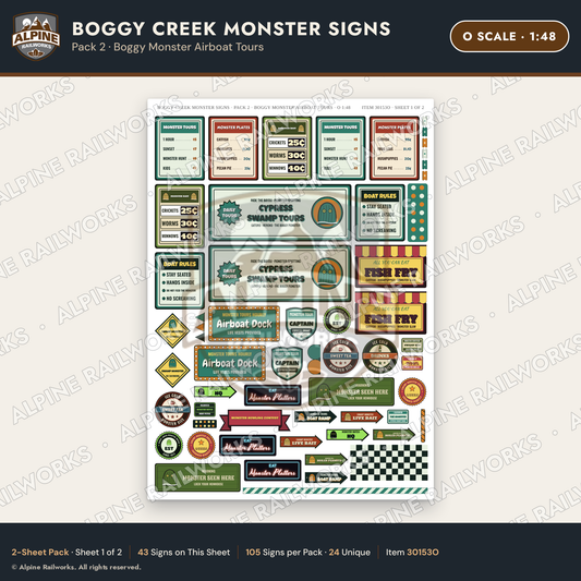 Alpine Railworks 30153O O Scale Boggy Creek Monster Signs