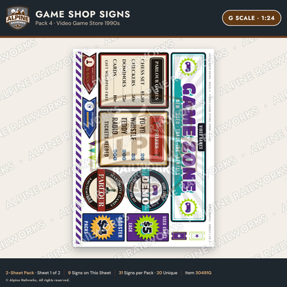 Alpine Railworks 30491G G Scale Game Shop Signs - Video Game Store