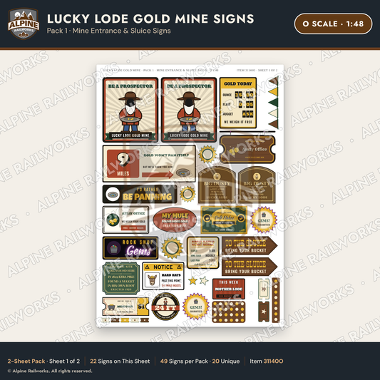 Alpine Railworks 31140O O Scale Roadside Signs - Gold Panning Mine