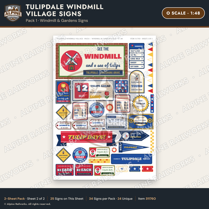 Alpine Railworks 31176O O Scale Roadside Signs - Windmill Village