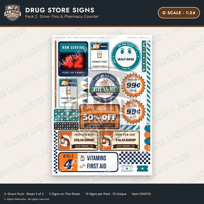 Alpine Railworks 30657G G Scale Drug Store Signs - Drive-Thru