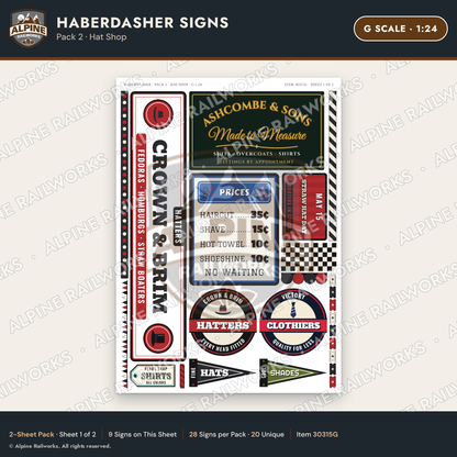 Alpine Railworks 30315G G Scale Haberdasher Signs - Hat Shop
