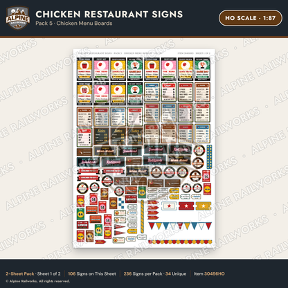 Alpine Railworks 30456HO HO Scale Chicken Restaurant Signs