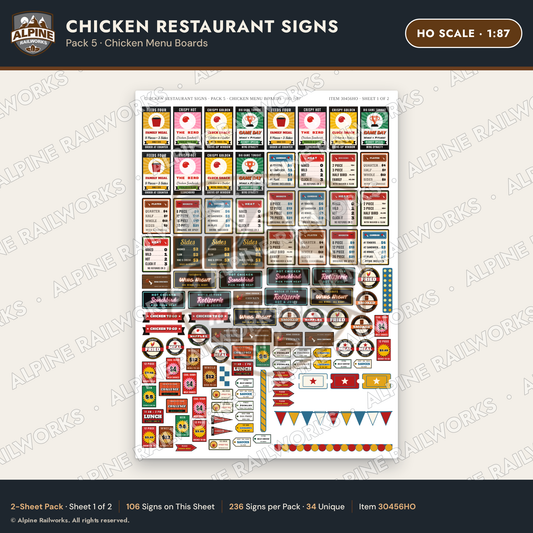 Alpine Railworks 30456HO HO Scale Chicken Restaurant Signs