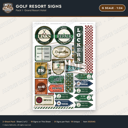 Alpine Railworks 30254G G Scale Golf Resort Signs - Grand Resort Hotel