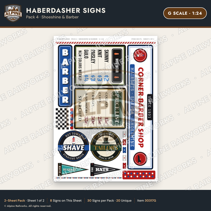 Alpine Railworks 30317G G Scale Haberdasher Signs - Shoeshine & Barber