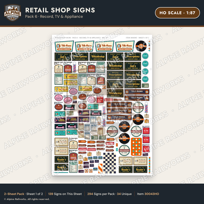 Alpine Railworks 30043HO HO Scale Retail Shop Signs - Record & TV