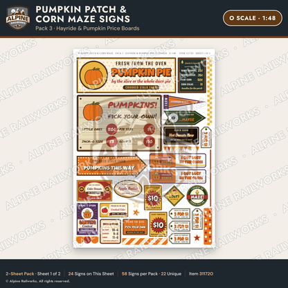 Alpine Railworks 31172O O Scale Farm Signs - Pumpkin Patch & Corn Maze