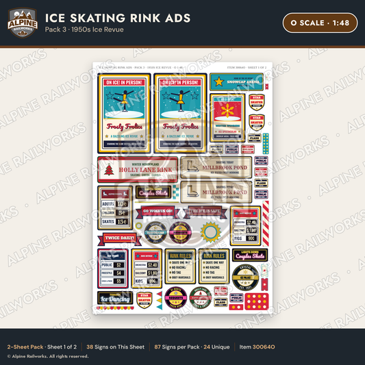 Alpine Railworks 30064O O Scale Ice Skating Rink Ads - 1950s Ice Revue