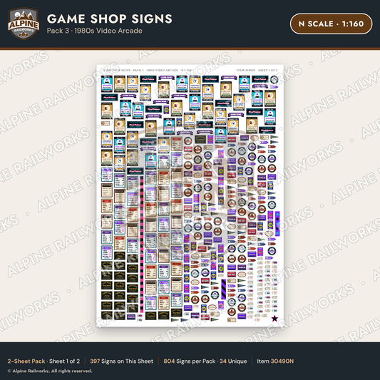 Alpine Railworks 30490N N Scale Game Shop Signs - 1980s Video Arcade