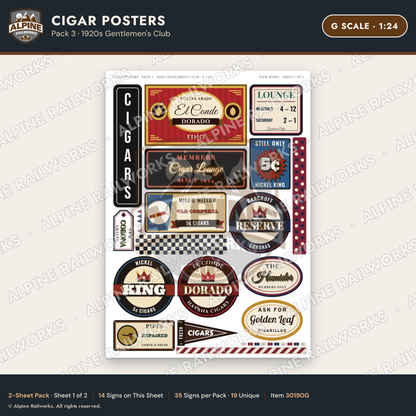 Alpine Railworks 30190G G Scale Cigar Posters - 1920s Gentlemen's Club