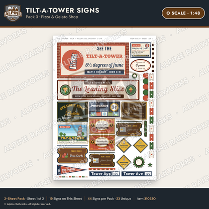 Alpine Railworks 31052O O Scale Roadside Signs - Leaning Tower