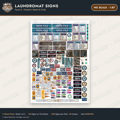 Alpine Railworks 30307HO HO Scale Laundromat Signs - Modern Wash