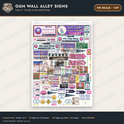 Alpine Railworks 31082HO HO Scale Roadside Signs - Bubblegum Alley