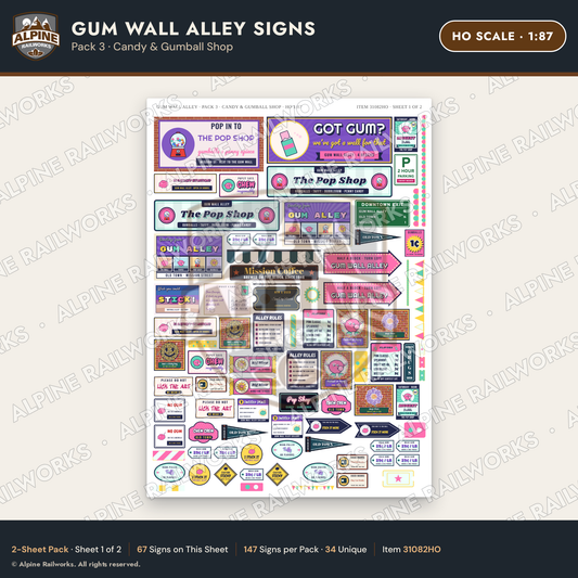 Alpine Railworks 31082HO HO Scale Roadside Signs - Bubblegum Alley