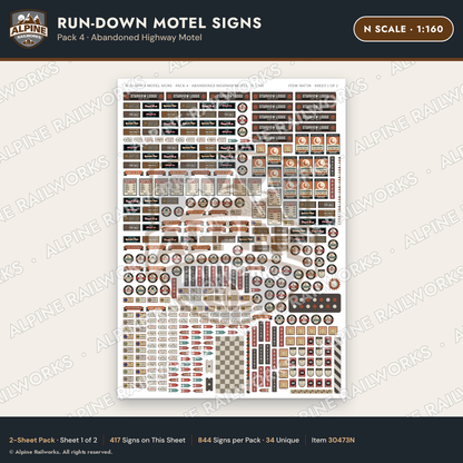 Alpine Railworks 30473N N Scale Run-Down Motel Signs
