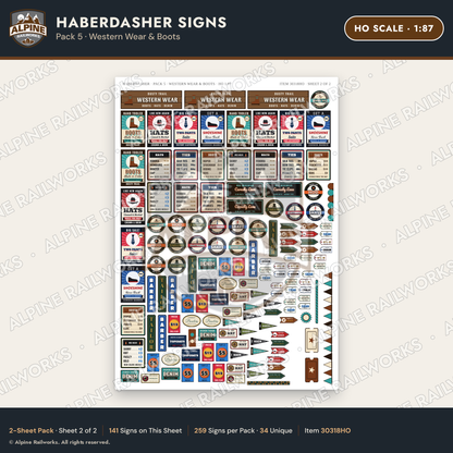 Alpine Railworks 30318HO HO Scale Haberdasher Signs - Western Wear