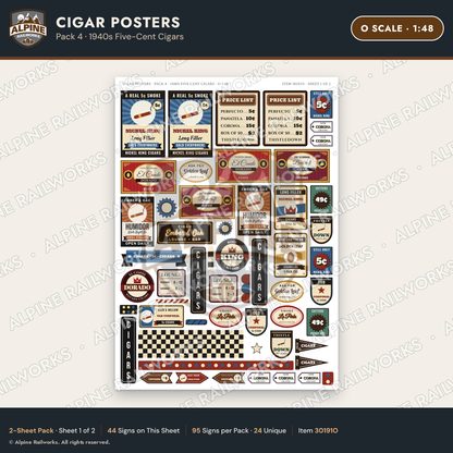 Alpine Railworks 30191O O Scale Cigar Posters - 1940s Five-Cent Cigars