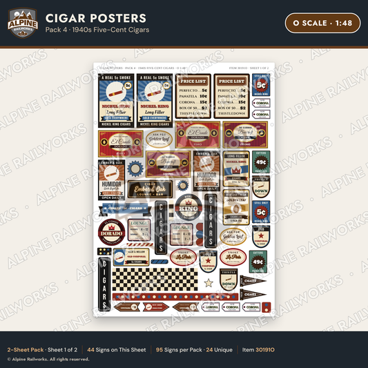 Alpine Railworks 30191O O Scale Cigar Posters - 1940s Five-Cent Cigars
