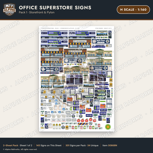 Alpine Railworks 30668N N Scale Office Superstore Signs - Storefront