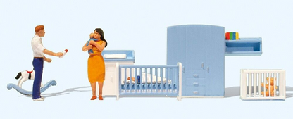 Preiser 10779 HO Scale In the Children's Room 3 Figures, Crib