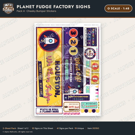 Alpine Railworks 31215O O Scale Fudge Factory Signs - Bumper Stickers