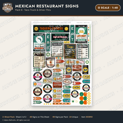 Alpine Railworks 30391O O Scale Mexican Restaurant Signs - Taco Truck