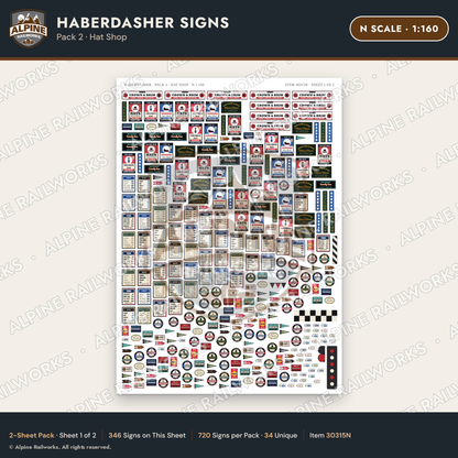 Alpine Railworks 30315N N Scale Haberdasher Signs - Hat Shop