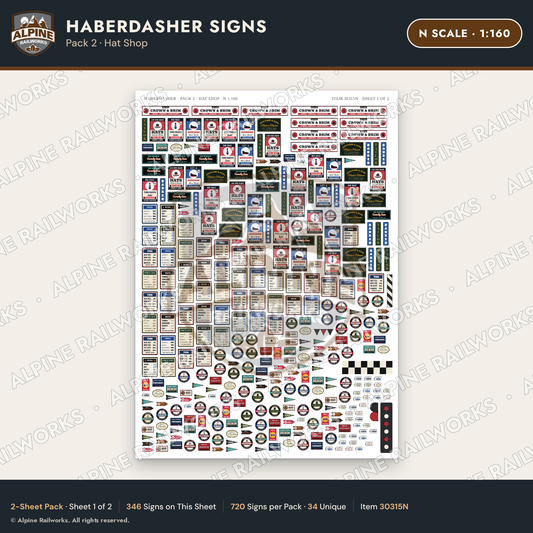 Alpine Railworks 30315N N Scale Haberdasher Signs - Hat Shop