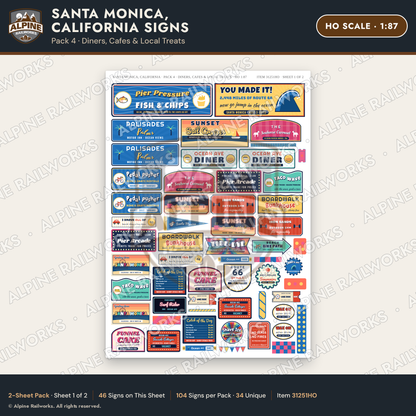Alpine Railworks 31251HO HO Scale Santa Monica CA Signs - Diners