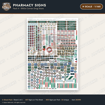 Alpine Railworks 30311N N Scale Pharmacy Signs - Corner Drug Store
