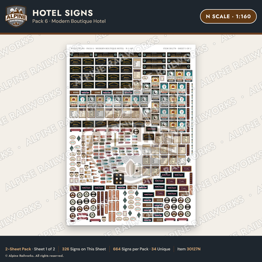 Alpine Railworks 30127N N Scale Hotel Signs - Modern Boutique Hotel