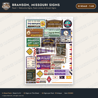 Alpine Railworks 31338O O Scale Branson MO Signs - Welcome Signs