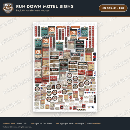Alpine Railworks 30475HO HO Scale Run-Down Motel Signs