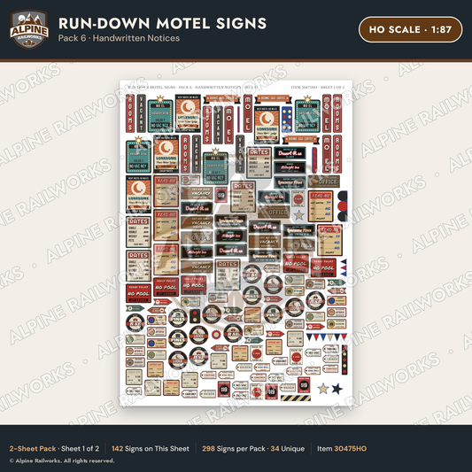 Alpine Railworks 30475HO HO Scale Run-Down Motel Signs