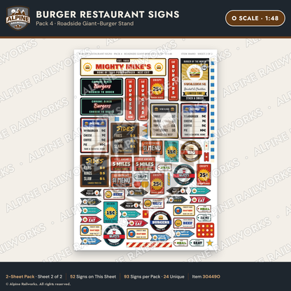 Alpine Railworks 30449O O Scale Burger Restaurant Signs
