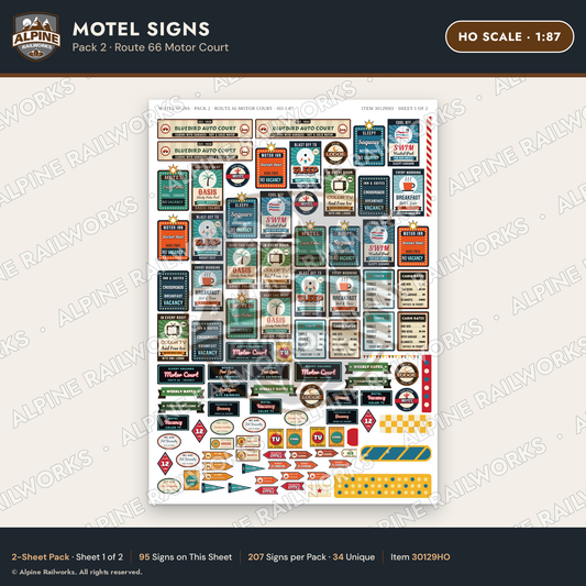 Alpine Railworks 30129HO HO Scale Motel Signs - Route 66 Motor Court