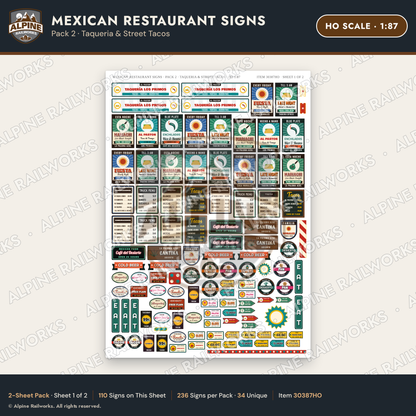 Alpine Railworks 30387HO HO Scale Mexican Restaurant Signs - Taqueria